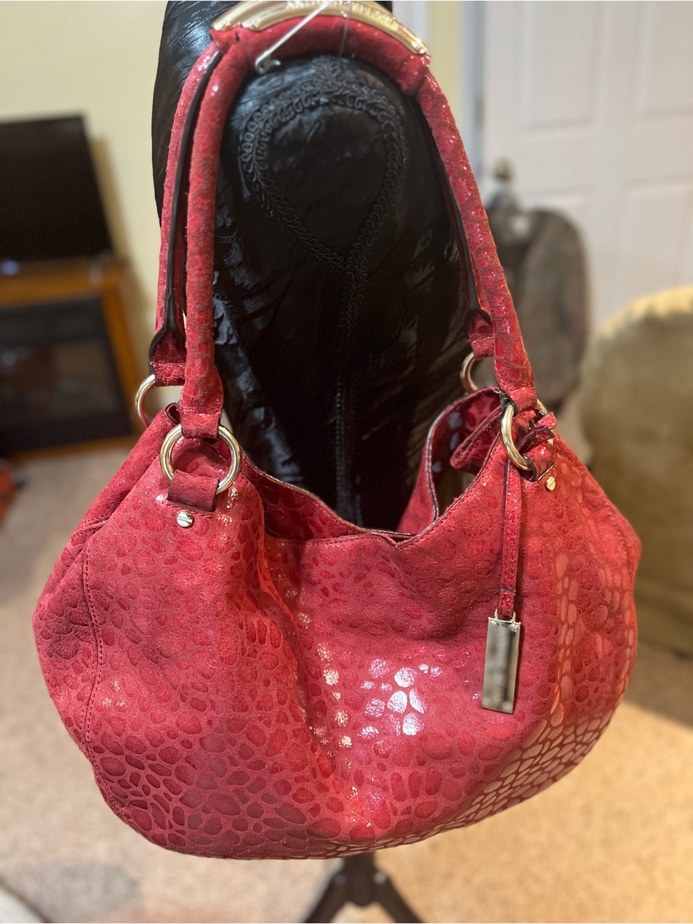 ANTONIO MELANI Red Embossed Leather Hobo Bag with Gold Hardware